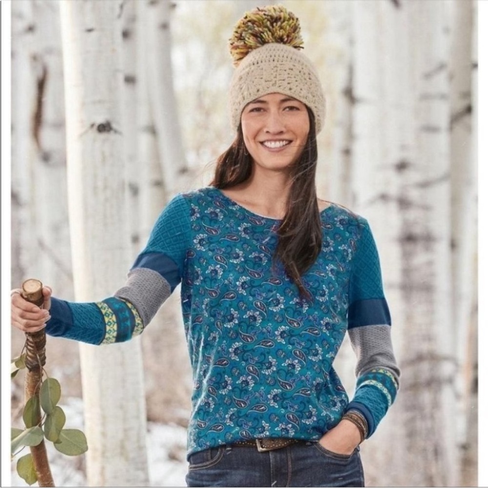 Sundance Paisley Print Sharrar Top Blue Grey L Large Floral Mixed Stitch Sleeve - Picture 2 of 9